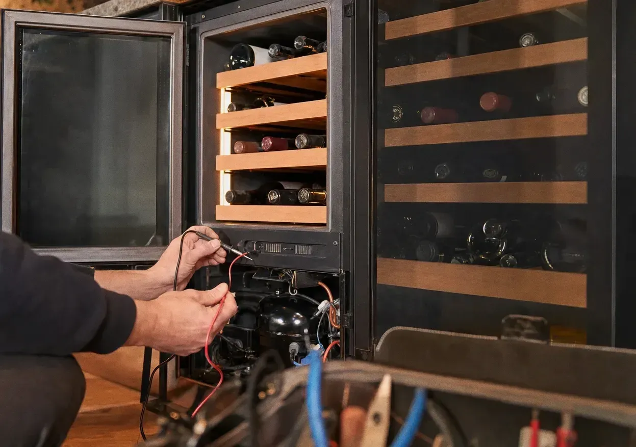 Hands holding multimeter probes against a compressor at the base of a wine cabinet with wooden shelves