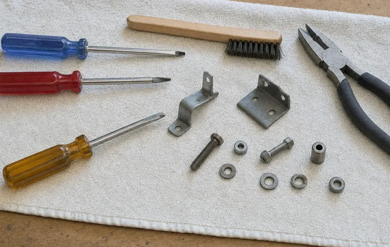 Screwdrivers, a wire brush and steel brackets with washers arranged on a work cloth
