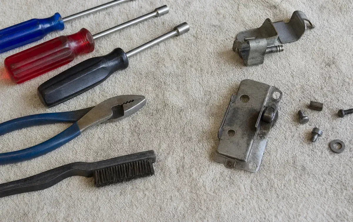 Nut drivers, snips and a wire brush beside two cast metal hinge parts on a cloth