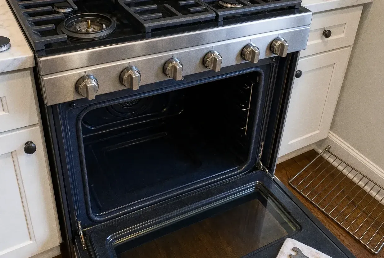 A professional range with the oven door open onto a dark cavity, wooden floor in front of it