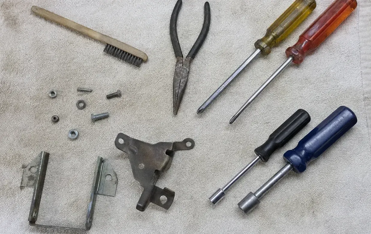 A wire brush, pliers, screwdrivers and a bracket with small hardware laid out on a cloth