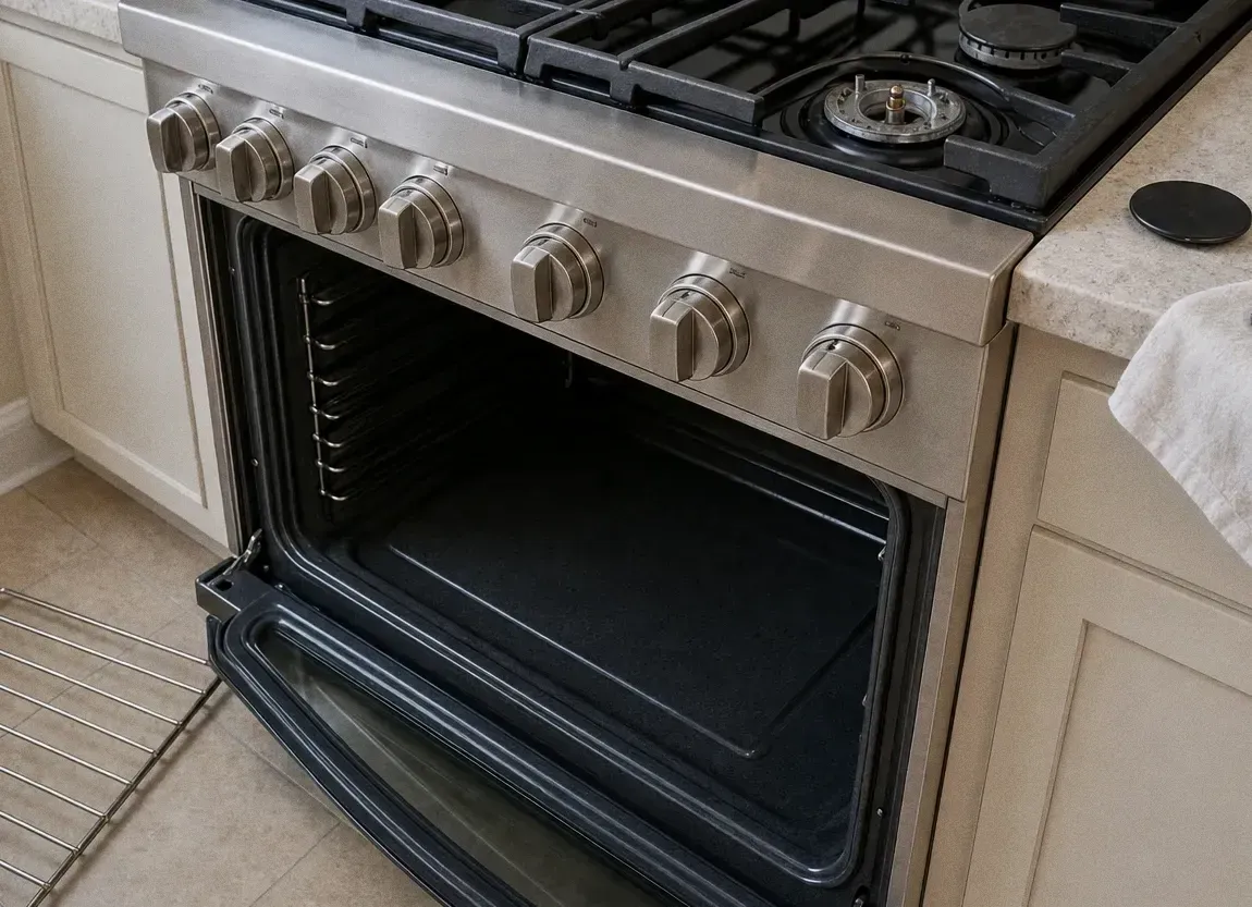 The front of a stainless professional range, oven door open, heavy control knobs in a row