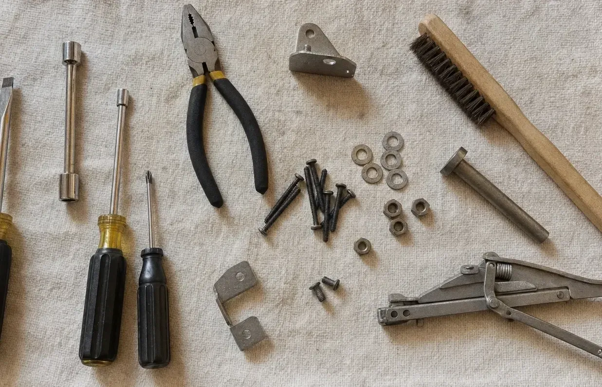 Pliers, a bracket, a wire brush, bolts and washers laid out on a work cloth