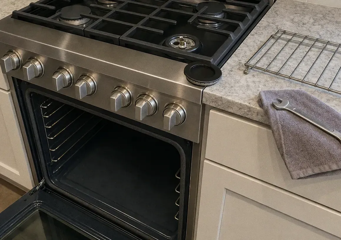 The cooktop and open oven of a range standing beside a run of counter