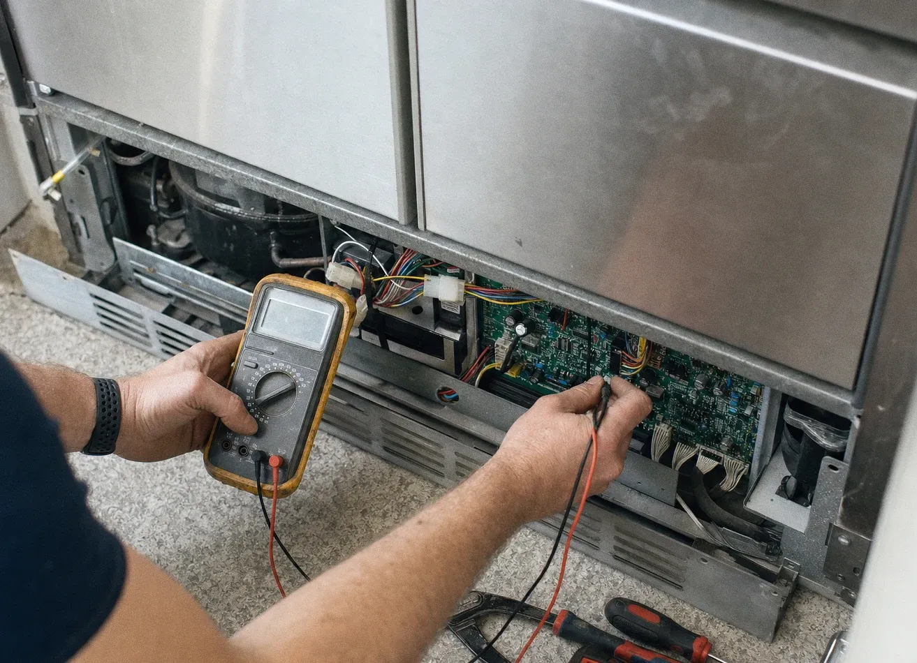 Hands using a multimeter on a circuit board behind a removed lower panel