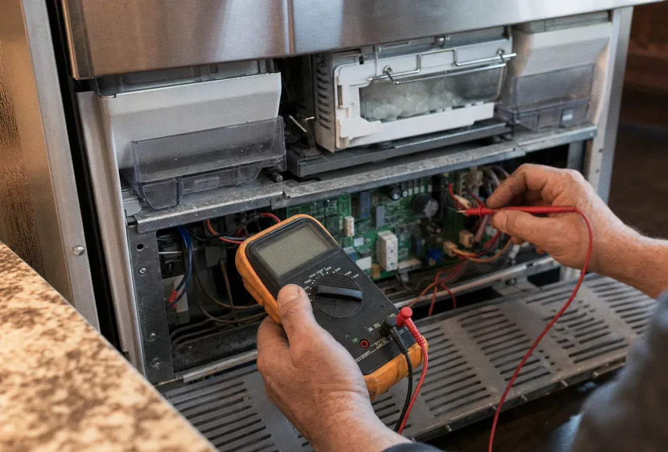 Hands holding multimeter probes at an opened control panel with wiring exposed