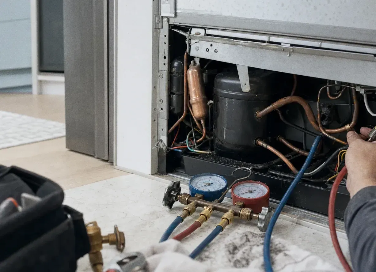 A refrigerator with its lower panel removed, manifold gauges on the floor beside the exposed compressor
